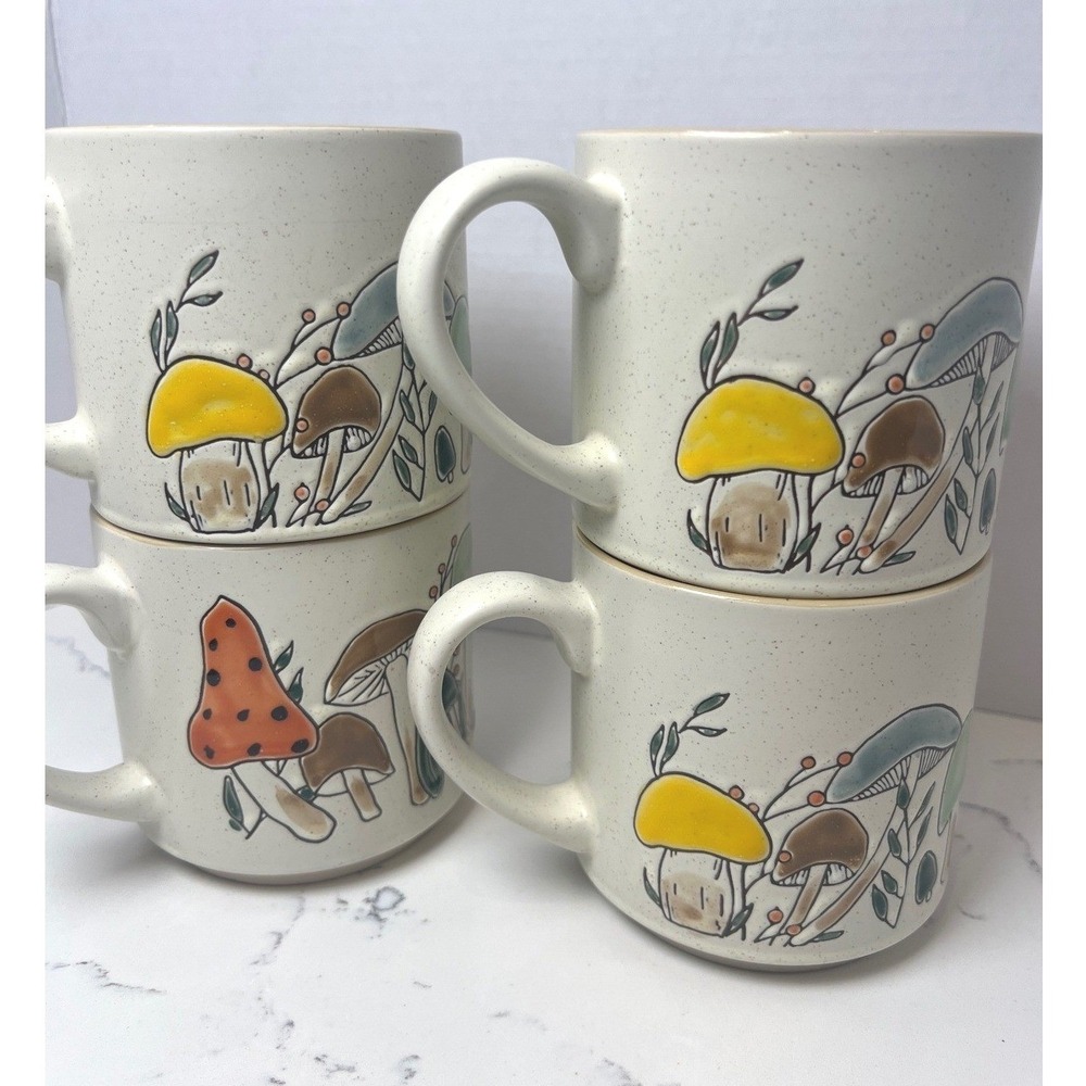 Set of 4 Mushroom Coffee Mugs Speckled Stoneware Style Woodland Cottagecore